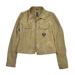 GAP Vintage 90s Suede Leather Button Up Jacket FLAW Beige Tan M Medium
